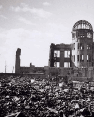 The lone building left standing from the US nuclear bomb attack on 3 August 1945 that later became the Hiroshima Peace Memorial