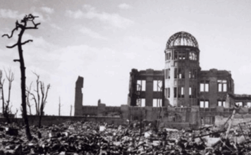 The lone building left standing from the US nuclear bomb attack on 3 August 1945 that later became the Hiroshima Peace Memorial