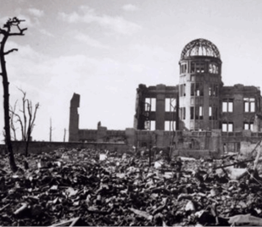 The lone building left standing from the US nuclear bomb attack on 3 August 1945 that later became the Hiroshima Peace Memorial