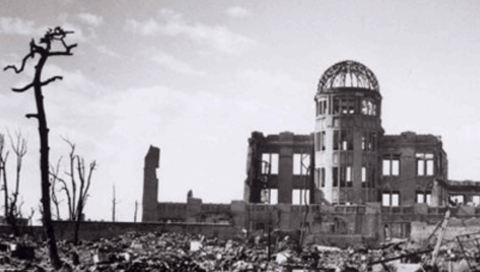 The lone building left standing from the US nuclear bomb attack on 3 August 1945 that later became the Hiroshima Peace Memorial