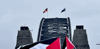 Part of the pro-Palestinian protest march on Sydney Harbour Bridge today, calling for an end to the genocide and starvation by Israel