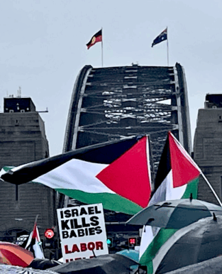 Part of the pro-Palestinian protest march on Sydney Harbour Bridge today, calling for an end to the genocide and starvation by Israel