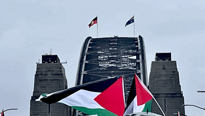 Part of the pro-Palestinian protest march on Sydney Harbour Bridge today, calling for an end to the genocide and starvation by Israel