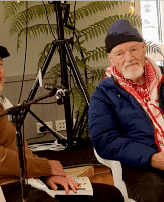 Journalists and activists Jeremy Rose and David Robie in conversation at the Aro Valley Peace Talks