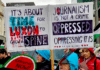 A demonstration placard last weekend against Prime Minister Christopher Luxon's weakness over Palestine and condemning Israeli oppression against Gazan journalists