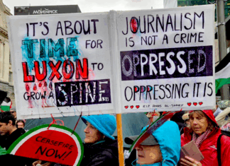 A demonstration placard last weekend against Prime Minister Christopher Luxon's weakness over Palestine and condemning Israeli oppression against Gazan journalists