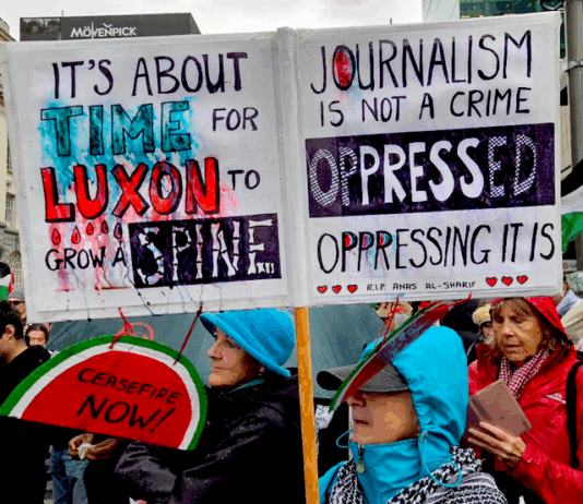 A demonstration placard last weekend against Prime Minister Christopher Luxon's weakness over Palestine and condemning Israeli oppression against Gazan journalists