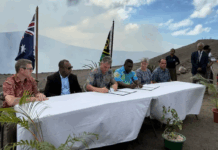 Senior ministers from Australia and Vanuatu initialled the Nakamal Agreement at the top of Mount Yasur. (ABC News: Lillyrose Welwel) Photo: ABC News / Lillyrose Welwel