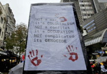 "Not a war - it's colonialism" declares a placard at the Auckland pro-Palestine rally and march on 16 August 2025