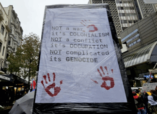 "Not a war - it's colonialism" declares a placard at the Auckland pro-Palestine rally and march on 16 August 2025