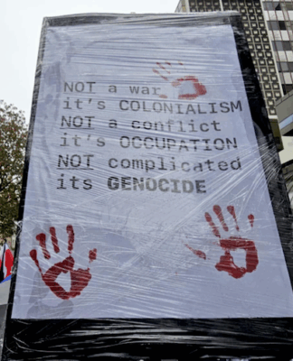 "Not a war - it's colonialism" declares a placard at the Auckland pro-Palestine rally and march on 16 August 2025