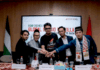 Rifa Berliana Arifin, Indonesia's country director for the Sumud Nusantara initiative (centre)