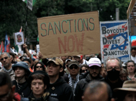 Part of the huge march on Gadigal Country/Sydney, on Saturday calling for sanctions against Israel over its genocide in Gaza