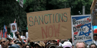 Part of the huge march on Gadigal Country/Sydney, on Saturday calling for sanctions against Israel over its genocide in Gaza