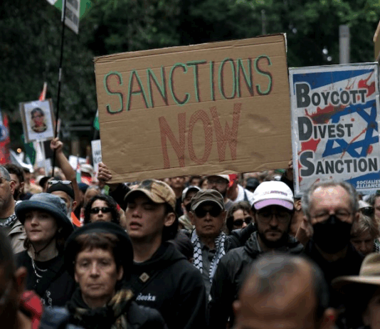 Part of the huge march on Gadigal Country/Sydney, on Saturday calling for sanctions against Israel over its genocide in Gaza