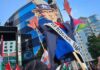 An Uncle Sam puppet with blood on his hands held aloft by pro-Palestinian protesters in Auckland, New Zealand