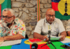 Two of New Caledonia’s pro-independence Union Calédonienne leaders Emmanuel Tjibaou (left) and Dominique Fochi holding a press conference in Nouméa