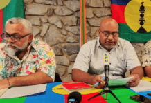 Two of New Caledonia’s pro-independence Union Calédonienne leaders Emmanuel Tjibaou (left) and Dominique Fochi holding a press conference in Nouméa