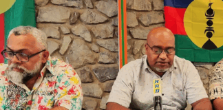 Two of New Caledonia’s pro-independence Union Calédonienne leaders Emmanuel Tjibaou (left) and Dominique Fochi holding a press conference in Nouméa