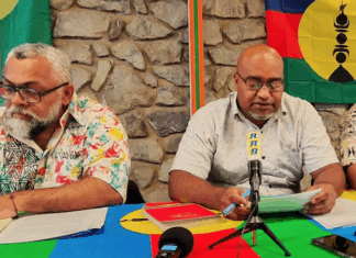 Two of New Caledonia’s pro-independence Union Calédonienne leaders Emmanuel Tjibaou (left) and Dominique Fochi holding a press conference in Nouméa