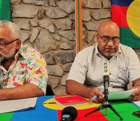 Two of New Caledonia’s pro-independence Union Calédonienne leaders Emmanuel Tjibaou (left) and Dominique Fochi holding a press conference in Nouméa