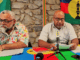 Two of New Caledonia’s pro-independence Union Calédonienne leaders Emmanuel Tjibaou (left) and Dominique Fochi holding a press conference in Nouméa