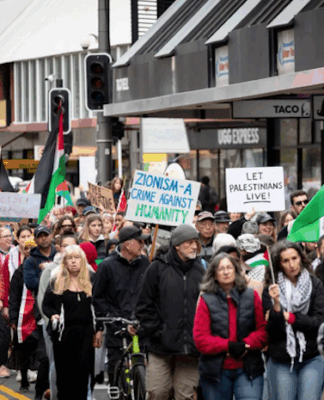 Placards declare "Zionism a threat to humanity" and "Let Gaza live"