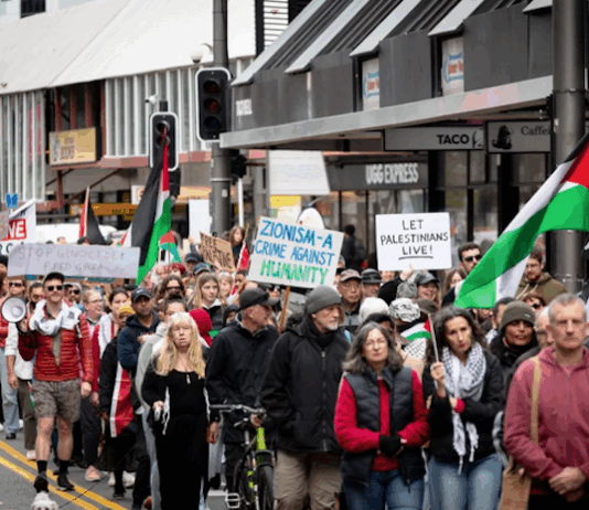 Placards declare "Zionism a threat to humanity" and "Let Gaza live"