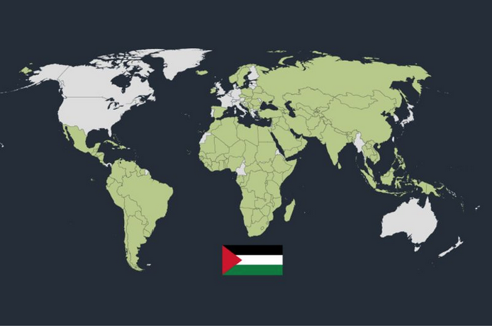 The world map showing the countries supporting recognition of the state of Palestine in green