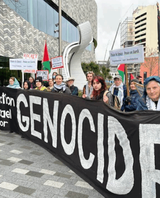 Protesters accusing Rocket Lab and the New Zealand government of being complicit in Israel's genocide in Gaza