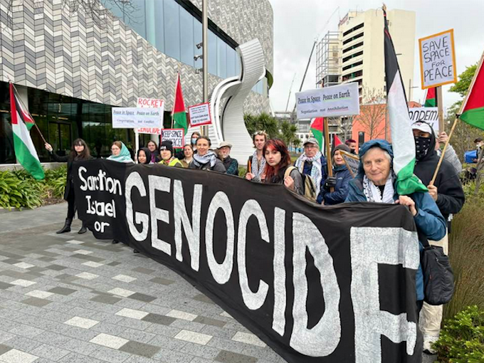 Blackrock protest Chch PSNA 680wide Protesters accusing Rocket Lab and the New Zealand government of being complicit in Israel's genocide in Gaza
