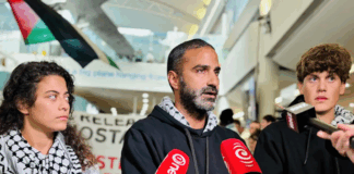 Back in Aotearoa at Auckland International Airport today after the Israeli military abducted Global Sumud Flotilla participants on international waters heading for Gaza last month
