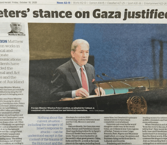 Columnist Matthew Hooton's article justifying Foreign Minister Winston Peters' stance on Palestine