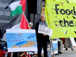 Protesters at an Auckland rally against Israel's genocidal two-year war on Gaza target alleged complicity by RocketLab and BlackSky
