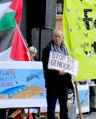 Protesters at an Auckland rally against Israel's genocidal two-year war on Gaza target alleged complicity by RocketLab and BlackSky