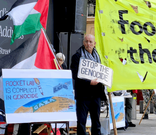 Protesters at an Auckland rally against Israel's genocidal two-year war on Gaza target alleged complicity by RocketLab and BlackSky