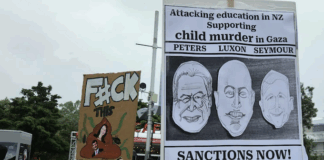 PSNA accuses NZ of giving ‘political cover’ to genocidal Israel over Gaza New Zealand protesters hold a placard calling for sanctions against Israel