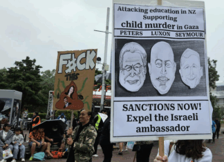 New Zealand protesters hold a placard calling for sanctions against Israel