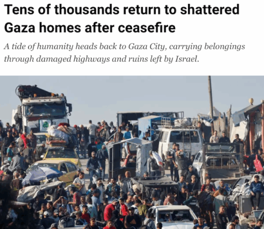 Palestinians, forcibly displaced to the southern part of Gaza by Israel, make their way north