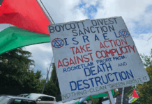 NZ Palestine protesters condemn govt over failure to impose sanctions against Israel A BDS - boycott, divestment and sanctions - placard