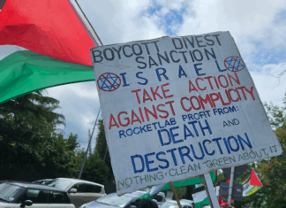 NZ Palestine protesters condemn govt over failure to impose sanctions against Israel A BDS - boycott, divestment and sanctions - placard