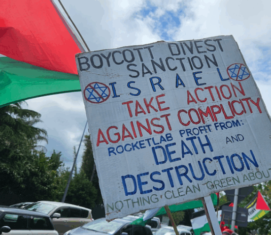 NZ Palestine protesters condemn govt over failure to impose sanctions against Israel A BDS - boycott, divestment and sanctions - placard