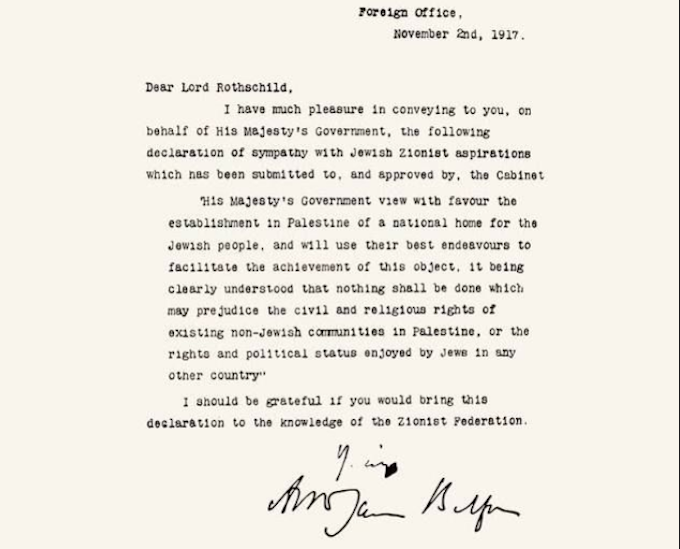 The Balfour Declaration on 2 November 1917