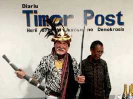 Australian journalist, editor and manager Bob Howarth in Timorese ceremonial dress in Dili