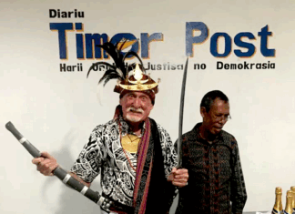 Australian journalist, editor and manager Bob Howarth in Timorese ceremonial dress in Dili
