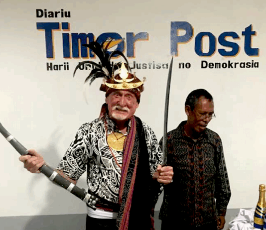 Australian journalist, editor and manager Bob Howarth in Timorese ceremonial dress in Dili