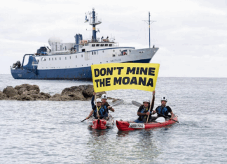 Cook Island activists peacefully confront the Nautilus at Rarotonga port last month, holding banners proclaiming "Don’t Mine The Moana"