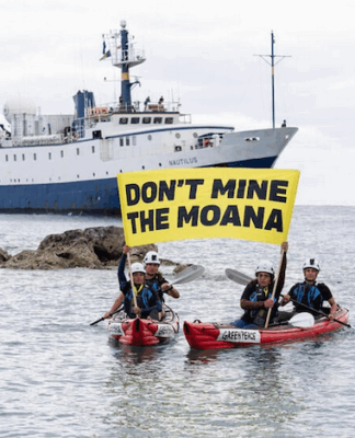Growing local opposition to seabed mining decision has forced Cook Islands delay, says Greenpeace Cook Island activists peacefully confront the Nautilus at Rarotonga port last month, holding banners proclaiming "Don’t Mine The Moana"