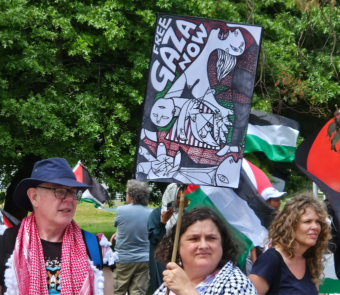 A "Free Gaza now" placard at today's Te Pai Park rally