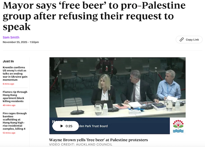 Free beer slammed PSNA 680wide Auckland Mayor Wayne Brown draws angry response from pro-Palestine advocates